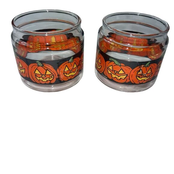Vintage 2 Candle-Lite Halloween Votive Holders Jack-O-Lantern Pumpkins Glass - Picture 3 of 7